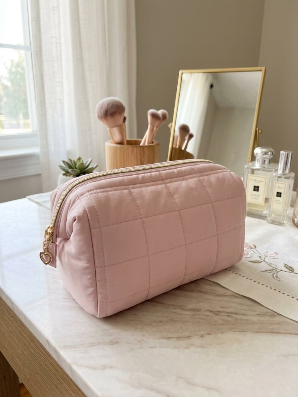 Makeup Bag Travel Toiletry Bag, Wide-open Zipper Pouch, Pink